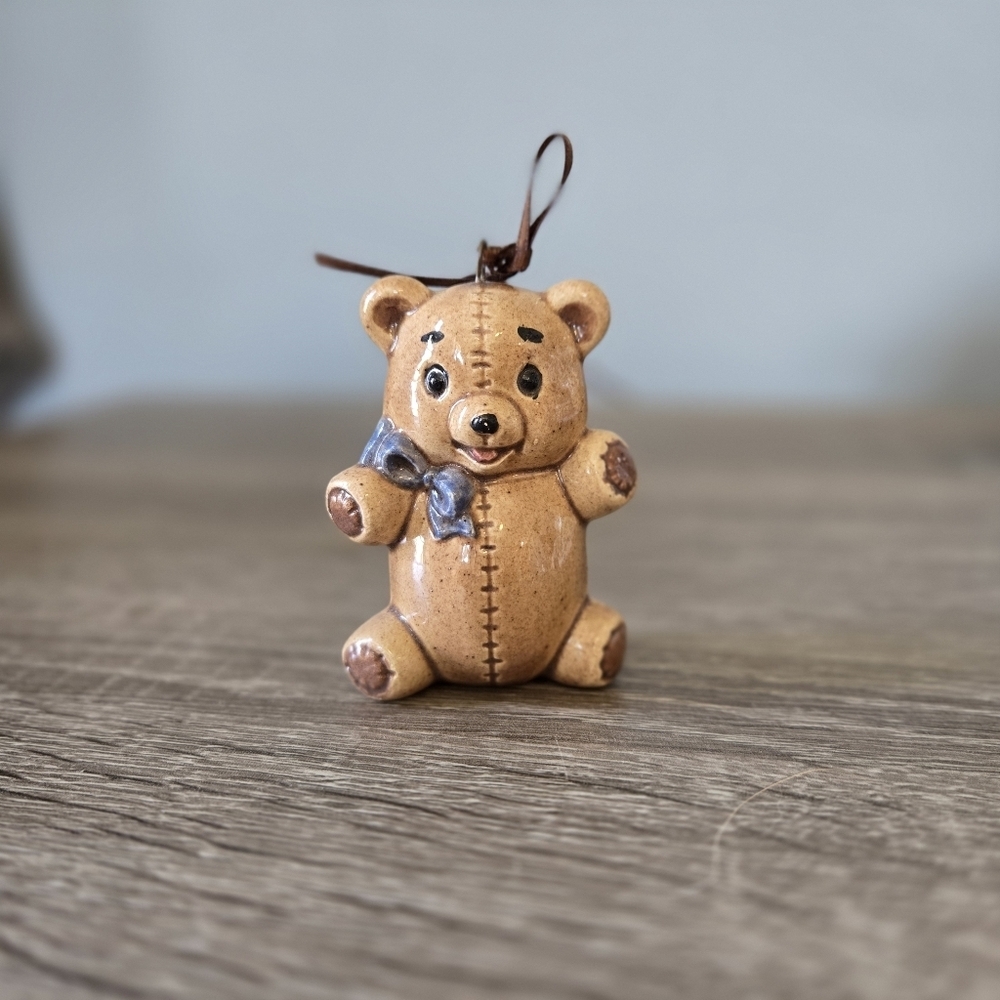 Miniature Teddy Bear with Blue Bow Ceramic Ornament Figurine